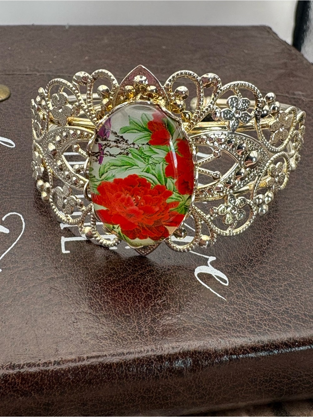 Handmade Vintage Floral Cuff Bracelet Red Rose Cabochon Boho